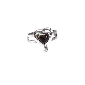 Heart Shaped Silver Tone Ring With Dark Stone Adjustable